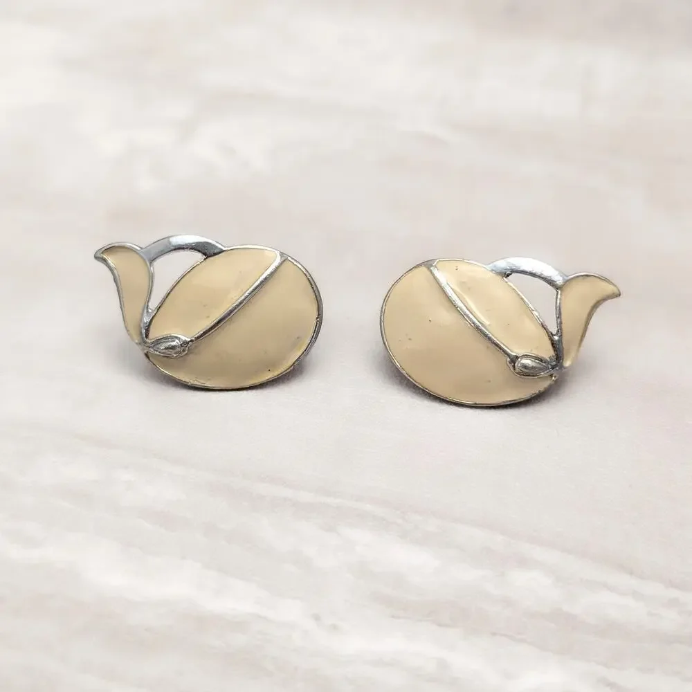 Vintage Clip On Earrings Large Cream Enamel & Silver Tone - Condition Issues